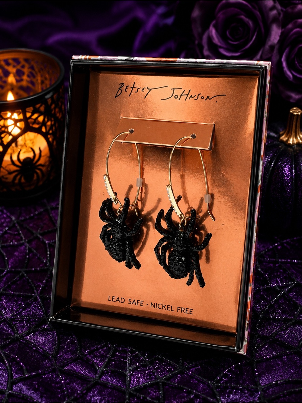 Authentic Betsey Johnson Black Sparkle Spider Drop Earrings NIB 🖤🕷️🧡 - Picture 2 of 7